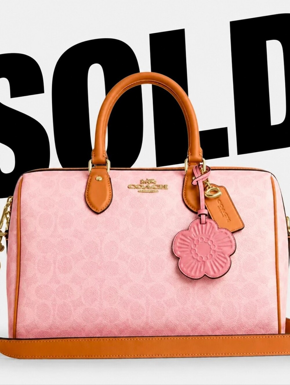 🎀Coach FIRM LARGE ROWAN POWDER PINK Satchel/ Leather Floral Charm🎀Style CEA19